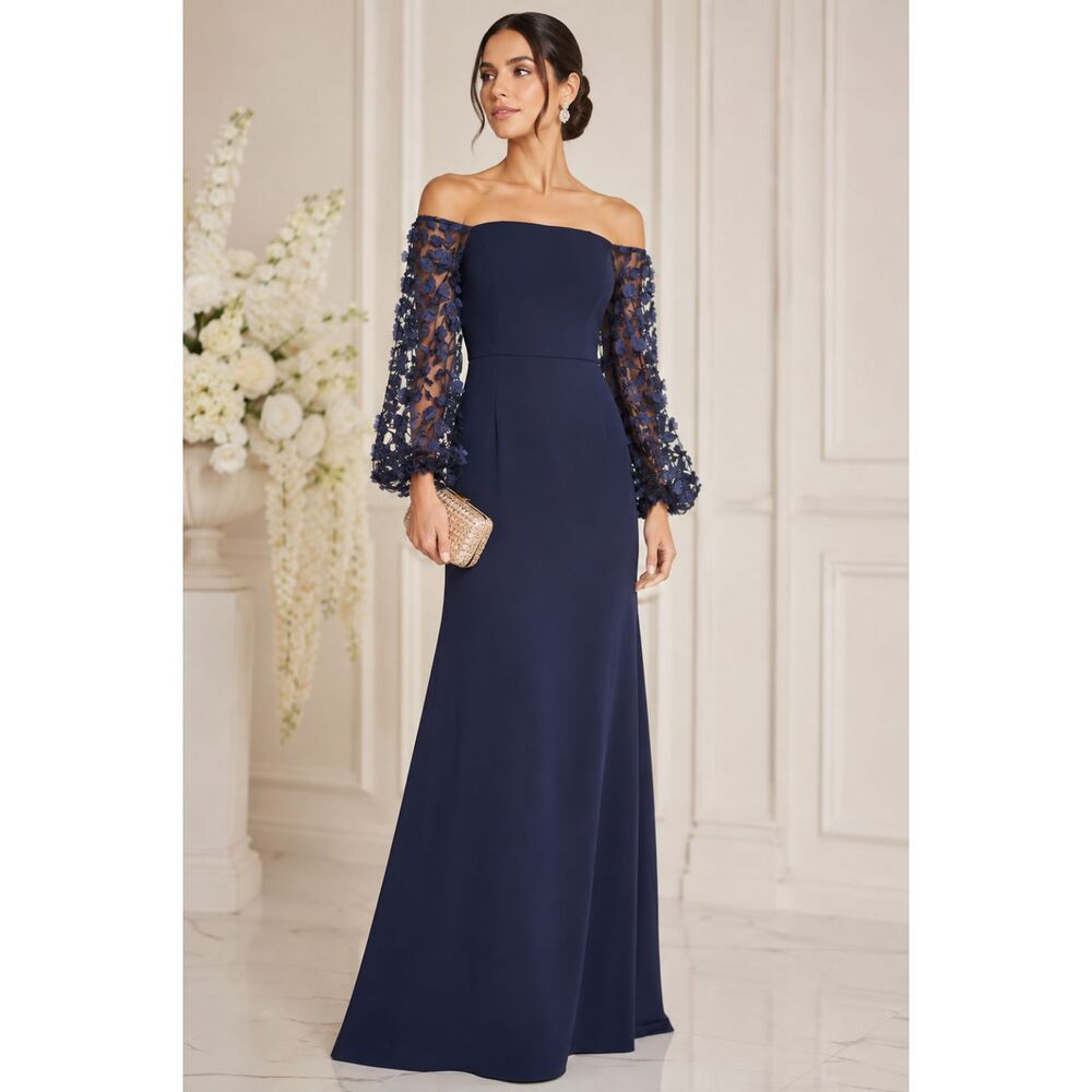 Eliza J Navy Blue Floral Appliqué 3D Off The Shoulder Gown Dress Formal 4